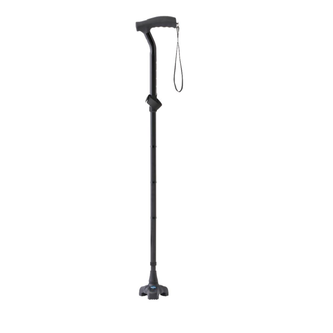 The Medline TriGlide Stand-Alone Folding Cane features an ergonomic grip, wrist strap, and a pivoting four-pronged non-slip base for enhanced stability, displayed on a plain white background.